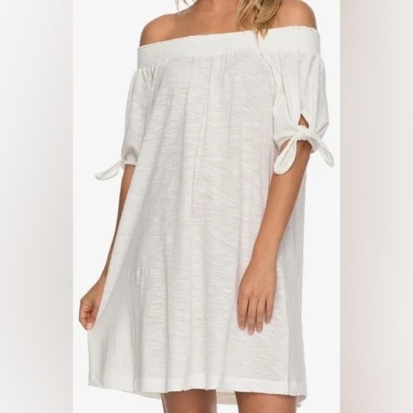 Roxy Bright Blue Sky Off The Shoulder White Cotton Knot Tie Mini Dress Sz M NWT - Picture 3 of 15